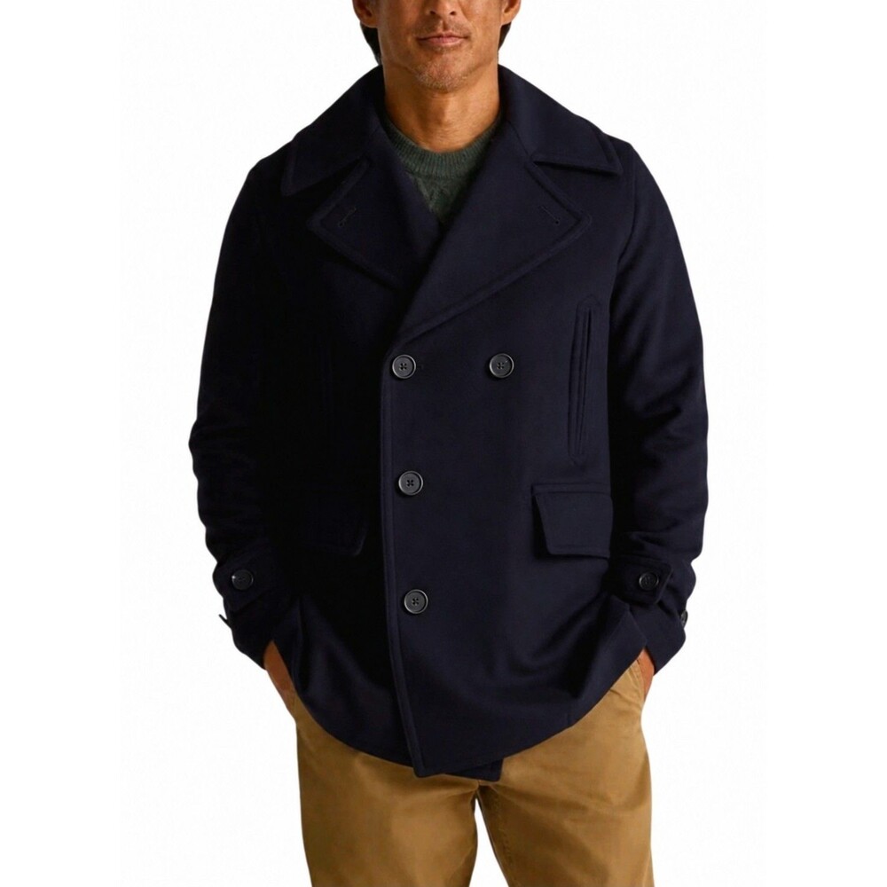 Quince Double Breasted Coat Mens L Navy Blue Italian Virgin Wool Peacoat NEW